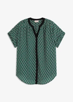 bonprix Blusen & Tuniken|Bekleidung·Jacken & Mäntel^Oversize-Bluse waldgrün/schwarz graphisch bedruckt