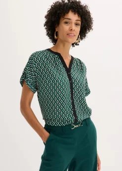 bonprix Blusen & Tuniken|Bekleidung·Jacken & Mäntel^Oversize-Bluse waldgrün/schwarz graphisch bedruckt