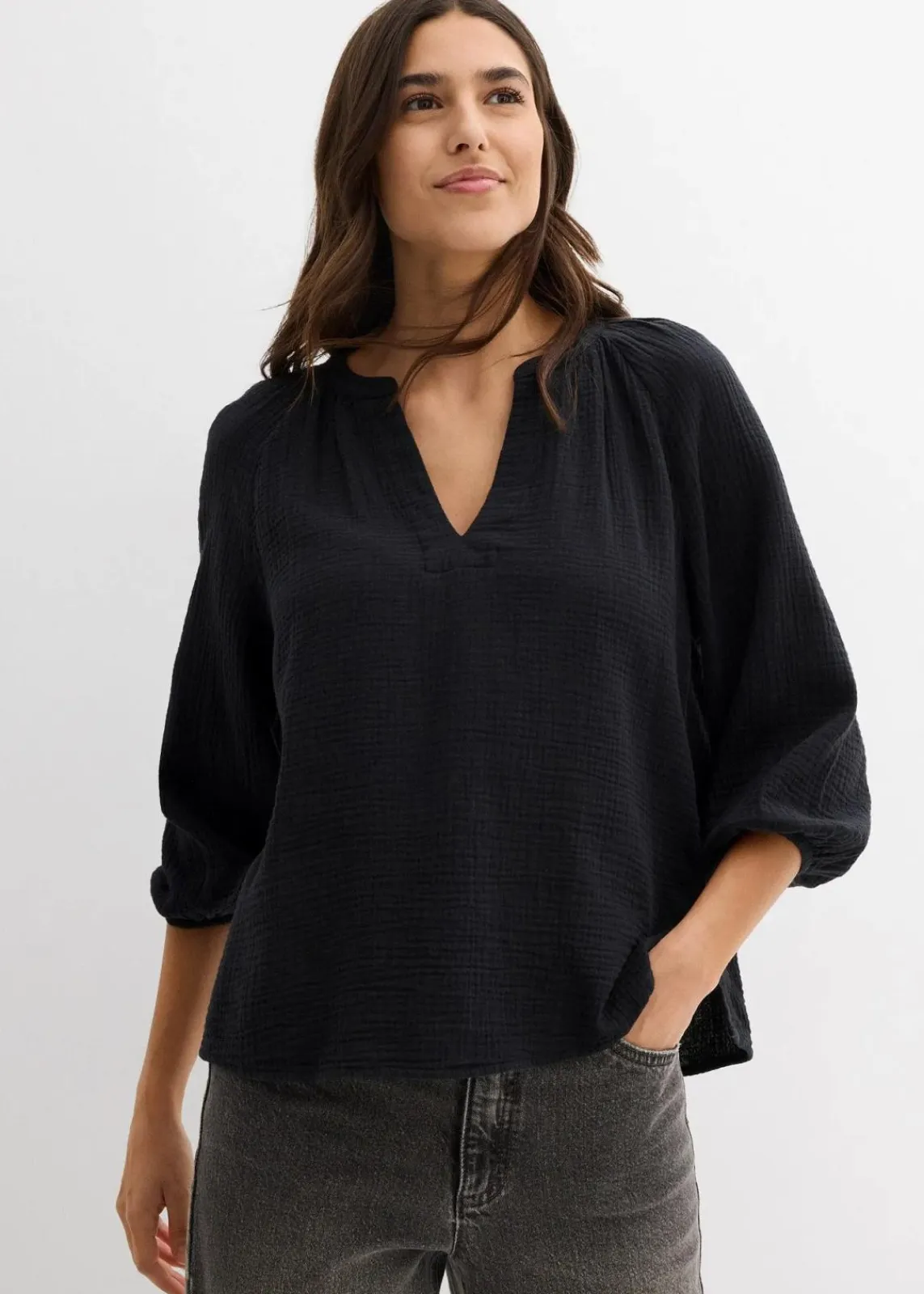 bonprix Blusen & Tuniken|Bekleidung·Jacken & Mäntel^Oversize-Bluse aus Musselin schwarz