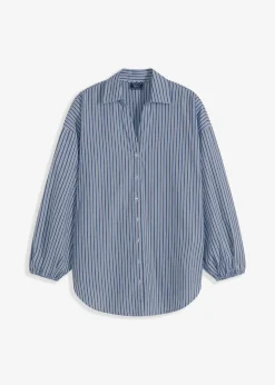 bonprix Blusen & Tuniken|Bekleidung·Jacken & Mäntel^Oversize-Bluse aus reiner Baumwolle rauchblau/weiß längs gestreift