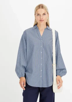 bonprix Blusen & Tuniken|Bekleidung·Jacken & Mäntel^Oversize-Bluse aus reiner Baumwolle rauchblau/weiß längs gestreift