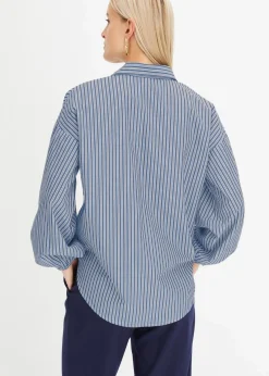 bonprix Blusen & Tuniken|Bekleidung·Jacken & Mäntel^Oversize-Bluse aus reiner Baumwolle rauchblau/weiß längs gestreift