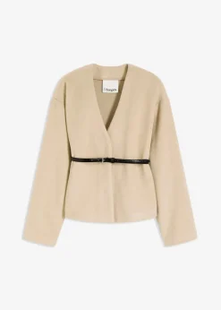 bonprix Blazer|Bekleidung·Basics^Oversized Blazer mit Gürtel in Wolloptik, ungefüttert mattschilf