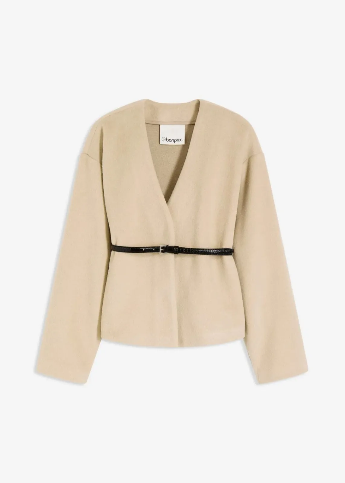 bonprix Blazer|Bekleidung·Basics^Oversized Blazer mit Gürtel in Wolloptik, ungefüttert mattschilf