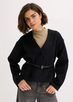 bonprix Bekleidung·Basics|Blazer^Oversized Blazer mit Gürtel in Wolloptik, ungefüttert schwarz