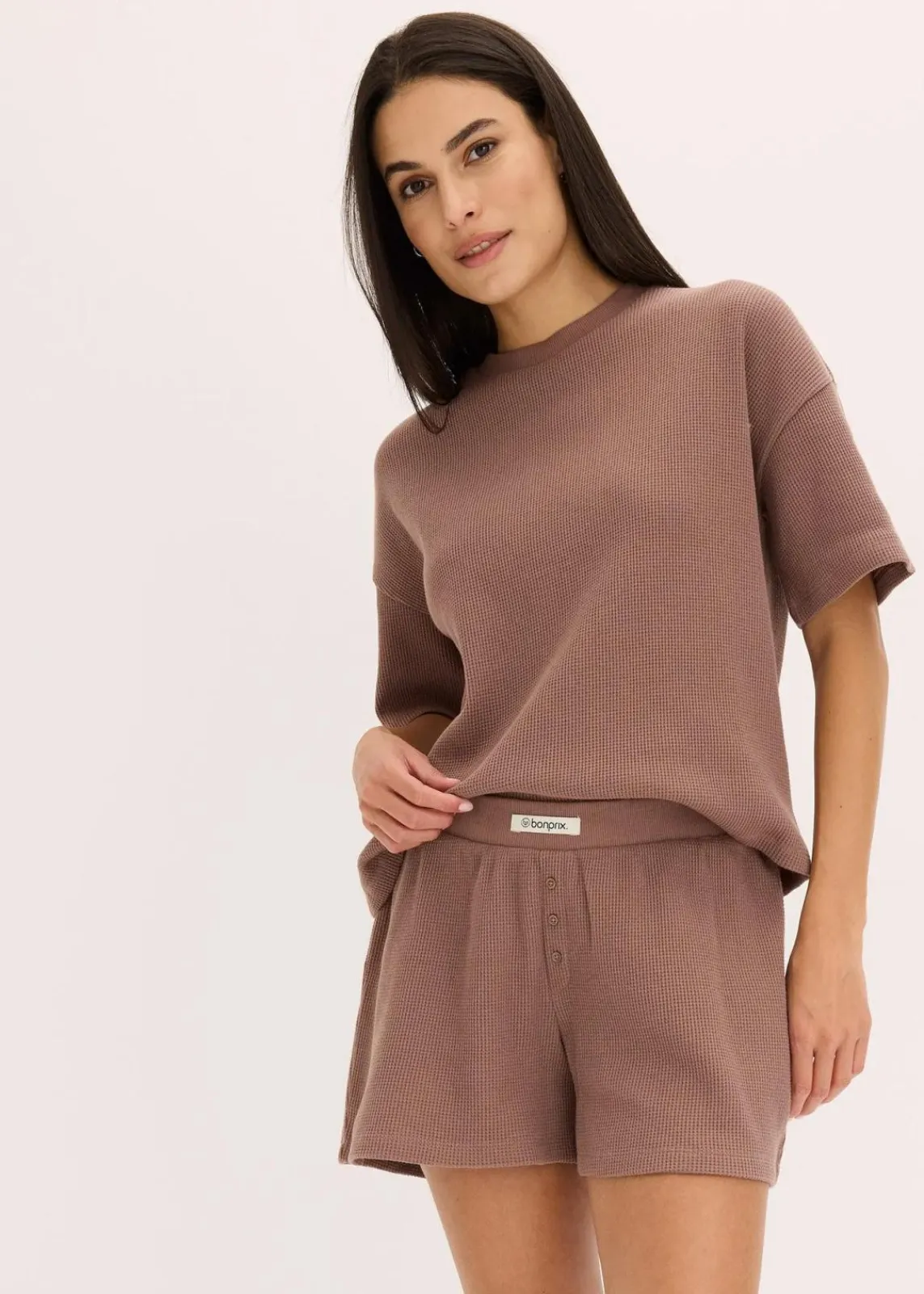 bonprix Wäsche·Homewear|Wäsche·Nachtwäsche^Oversized Loungewear Shorty Hausanzug aus Waffeljersey matt braun