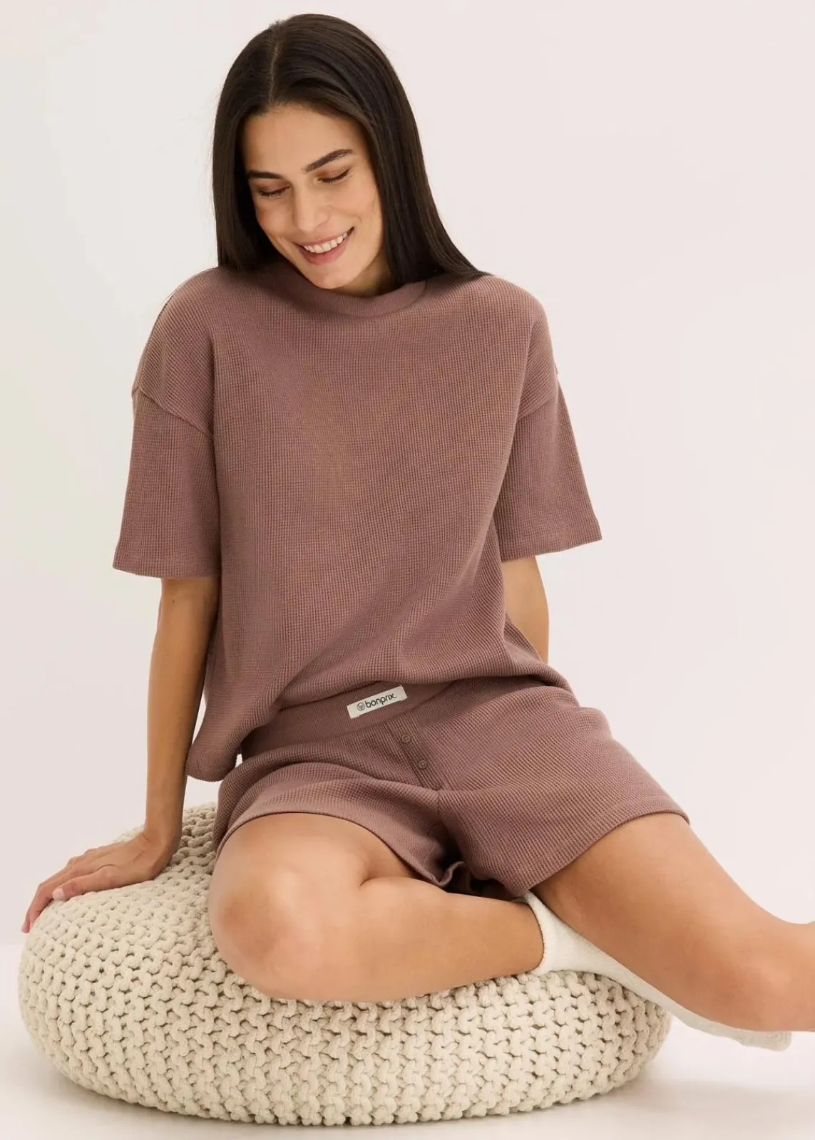 bonprix Wäsche·Homewear|Wäsche·Nachtwäsche^Oversized Loungewear Shorty Hausanzug aus Waffeljersey matt braun