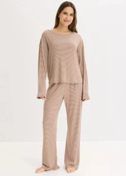 bonprix Wäsche·Nachtwäsche|Nachtwäsche^Oversized Pyjama aus weicher Baumwolle maronenbraun/sandbeige gestreift