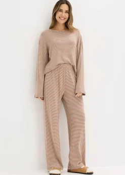 bonprix Wäsche·Nachtwäsche|Nachtwäsche^Oversized Pyjama aus weicher Baumwolle maronenbraun/sandbeige gestreift