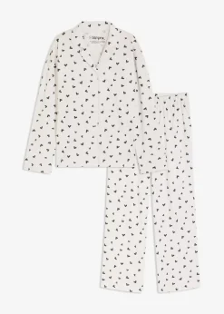 bonprix Wäsche·Nachtwäsche|Nachtwäsche^Oversized Pyjama mit Knopfleiste naturmeliert/schwarz bedruckt