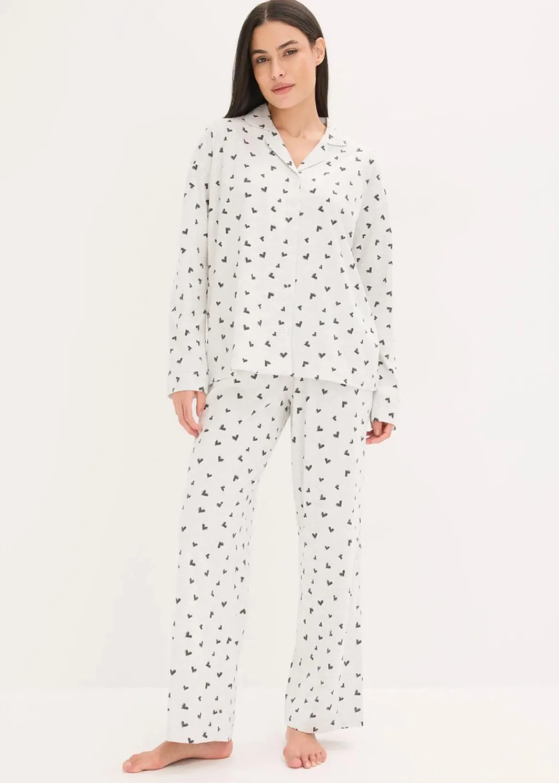 bonprix Wäsche·Nachtwäsche|Nachtwäsche^Oversized Pyjama mit Knopfleiste naturmeliert/schwarz bedruckt