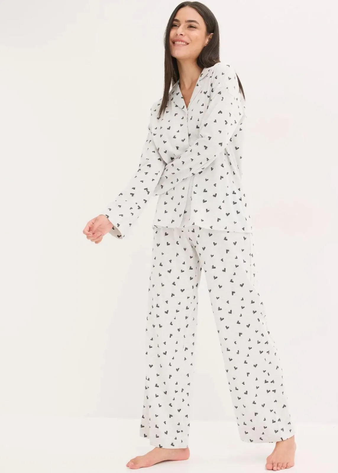 bonprix Wäsche·Nachtwäsche|Nachtwäsche^Oversized Pyjama mit Knopfleiste naturmeliert/schwarz bedruckt