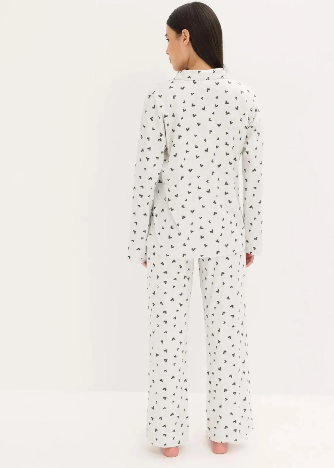 bonprix Wäsche·Nachtwäsche|Nachtwäsche^Oversized Pyjama mit Knopfleiste naturmeliert/schwarz bedruckt