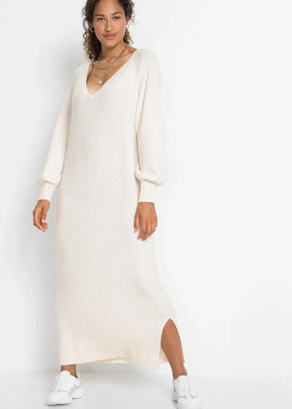 bonprix Strickmode|Kleider^Oversized Strickkleid in Midilänge wollweiß meliert