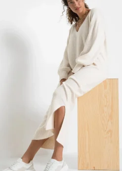 bonprix Strickmode|Kleider^Oversized Strickkleid in Midilänge wollweiß meliert