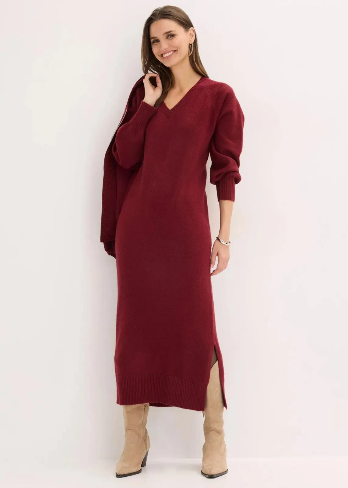 bonprix Strickmode|Kleider^Oversized Strickkleid in Midilänge rubinrot