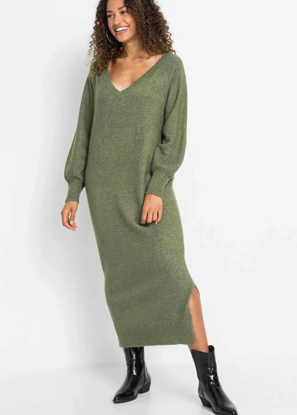 bonprix Strickmode|Kleider^Oversized Strickkleid in Midilänge dunkeloliv meliert