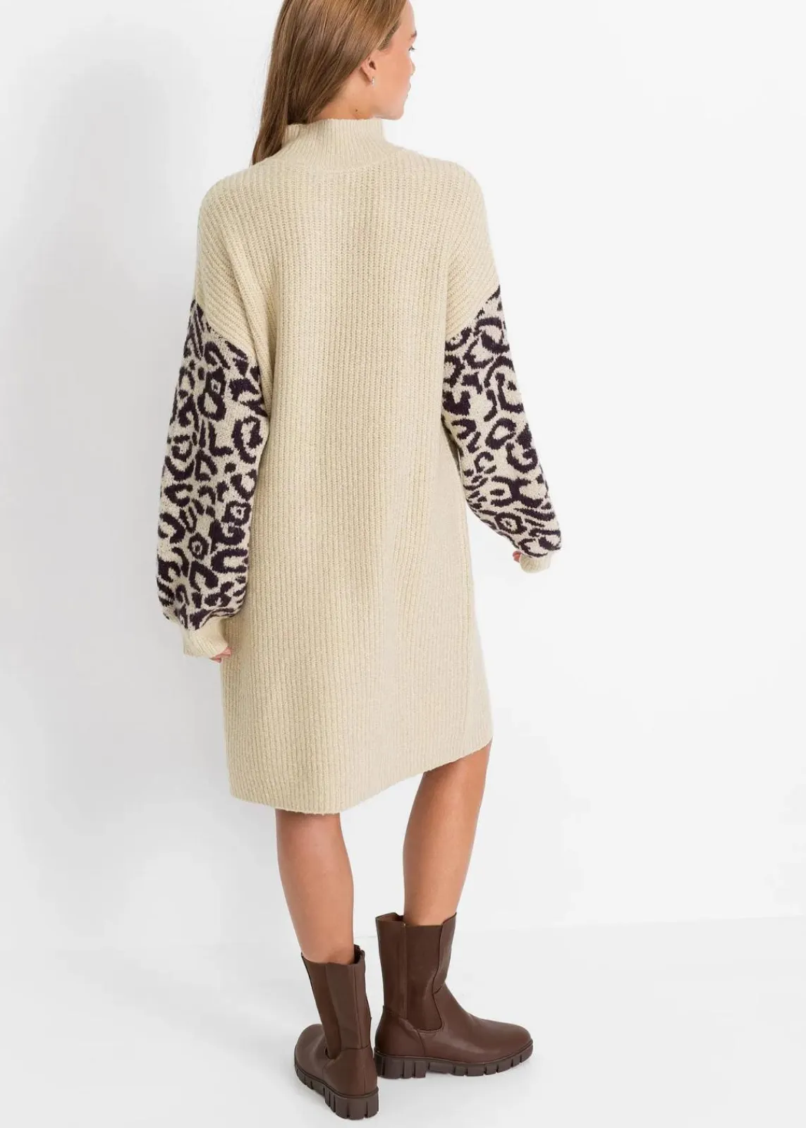 bonprix Bekleidung·Umstandsmode|Bekleidung·Pullover & Strickjacken^Oversized Strickkleid mit Leomuster hellsand meliert/ schwarz leo