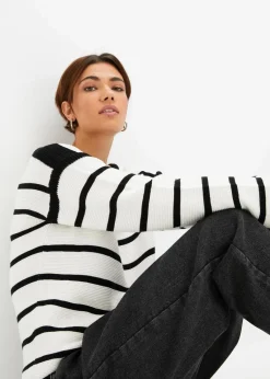 bonprix Bekleidung·Umstandsmode|Bekleidung·Jeans^Oversized Strickpullover wollweiß/schwarz gestreift