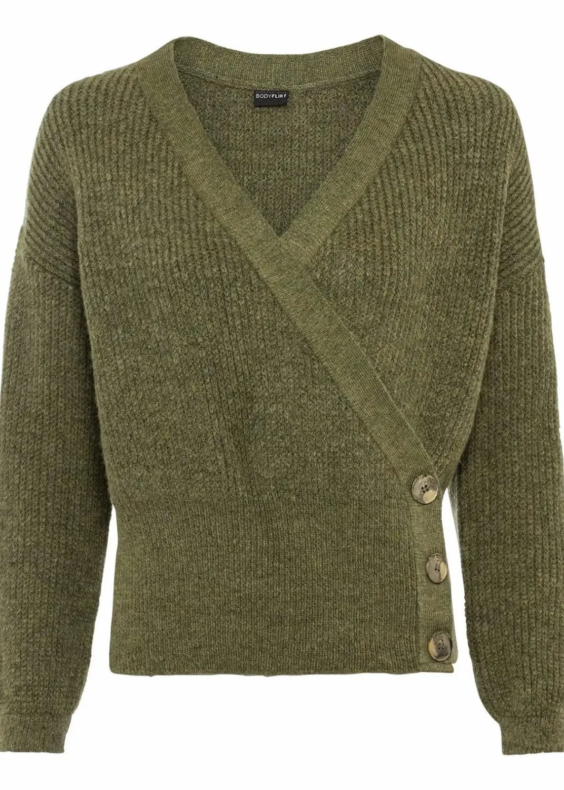 bonprix Bekleidung·Umstandsmode|Bekleidung·Jeans^Oversized-Pullover in Wickeloptik oliv meliert