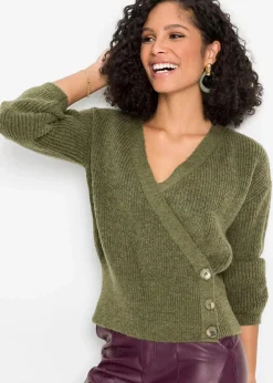 bonprix Bekleidung·Umstandsmode|Bekleidung·Jeans^Oversized-Pullover in Wickeloptik oliv meliert