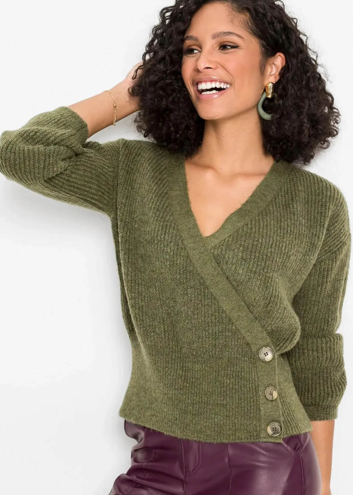 bonprix Bekleidung·Umstandsmode|Bekleidung·Jeans^Oversized-Pullover in Wickeloptik oliv meliert