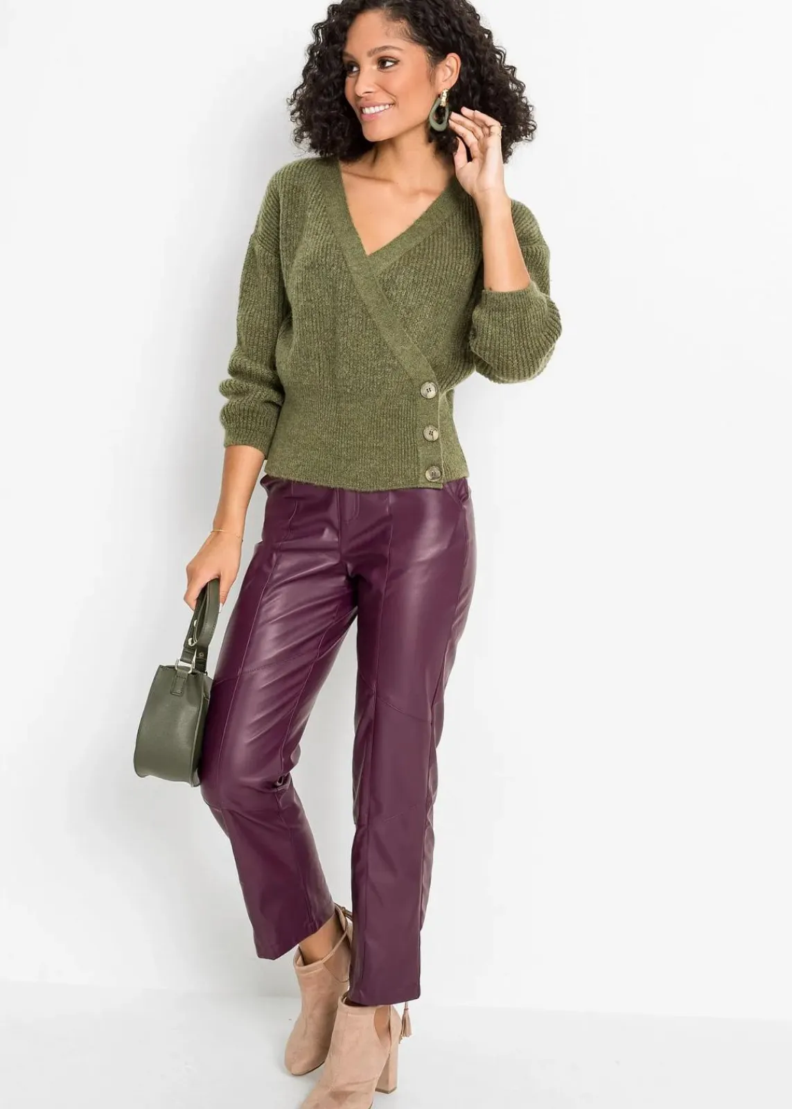 bonprix Bekleidung·Umstandsmode|Bekleidung·Jeans^Oversized-Pullover in Wickeloptik oliv meliert