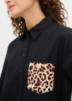 bonprix Blusen & Tuniken|Bekleidung·Jacken & Mäntel^Oversize-Hemd mit Kontrast Tasche schwarz leo bedruckt