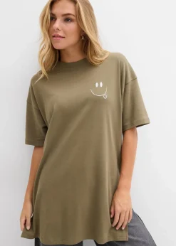 bonprix Nachhaltigere Materialien|Shirts & Tops^Oversize-Longshirt aus reiner Bio-Baumwolle schlammgrün bedruckt