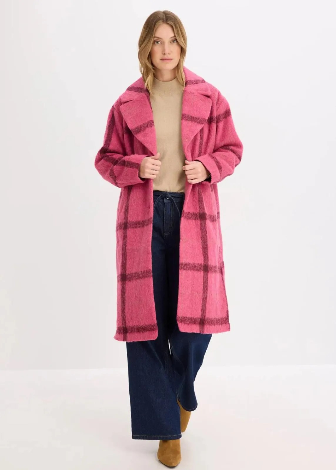 bonprix Bekleidung·Hosen|Jacken & Mäntel^Oversize-Mantel in Wolloptik pink/bordeaux kariert