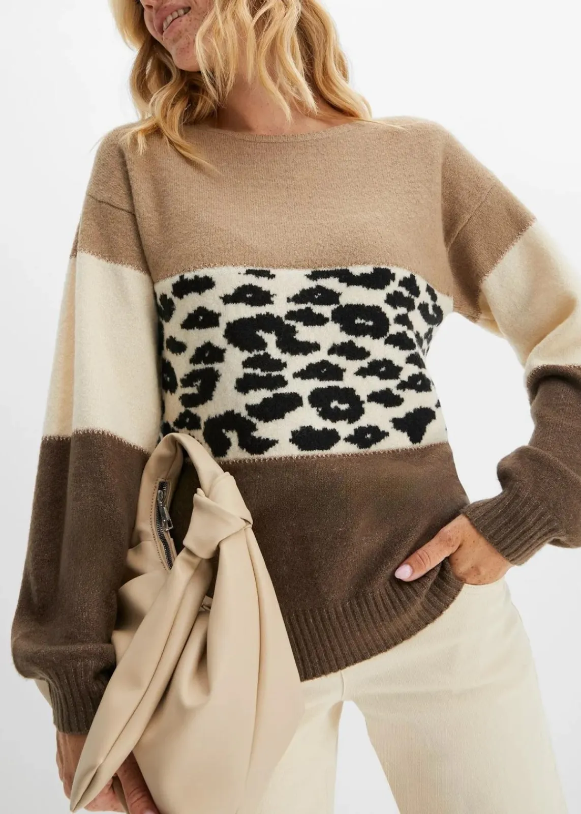 bonprix Pullover & Strickjacken|Bekleidung·Jeans^Oversize-Pullover braun/taupe/creme leo