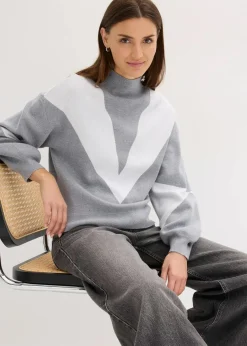 bonprix Bekleidung·Umstandsmode|Pullover & Strickjacken^Oversize-Pullover grau meliert/weiß
