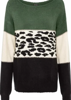 bonprix Bekleidung·Umstandsmode|Strickmode^Oversize-Pullover schwarz/hellgrün/creme leo