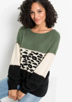 bonprix Bekleidung·Umstandsmode|Strickmode^Oversize-Pullover schwarz/hellgrün/creme leo