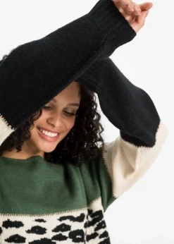 bonprix Bekleidung·Umstandsmode|Strickmode^Oversize-Pullover schwarz/hellgrün/creme leo
