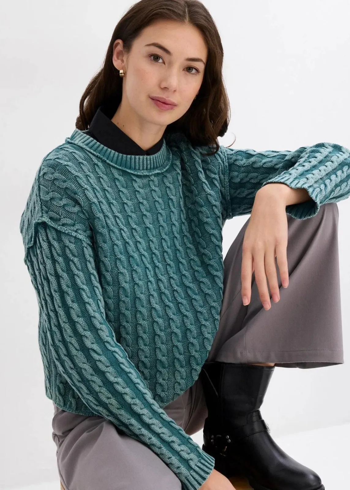 bonprix Strickmode|Pullover & Strickjacken^Oversize-Pullover aus reiner Baumwolle graugrün