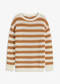 bonprix Bekleidung·Umstandsmode|Bekleidung·Jeans^Oversize-Pullover aus reiner Baumwolle haselnuss/wollweiß gestreift
