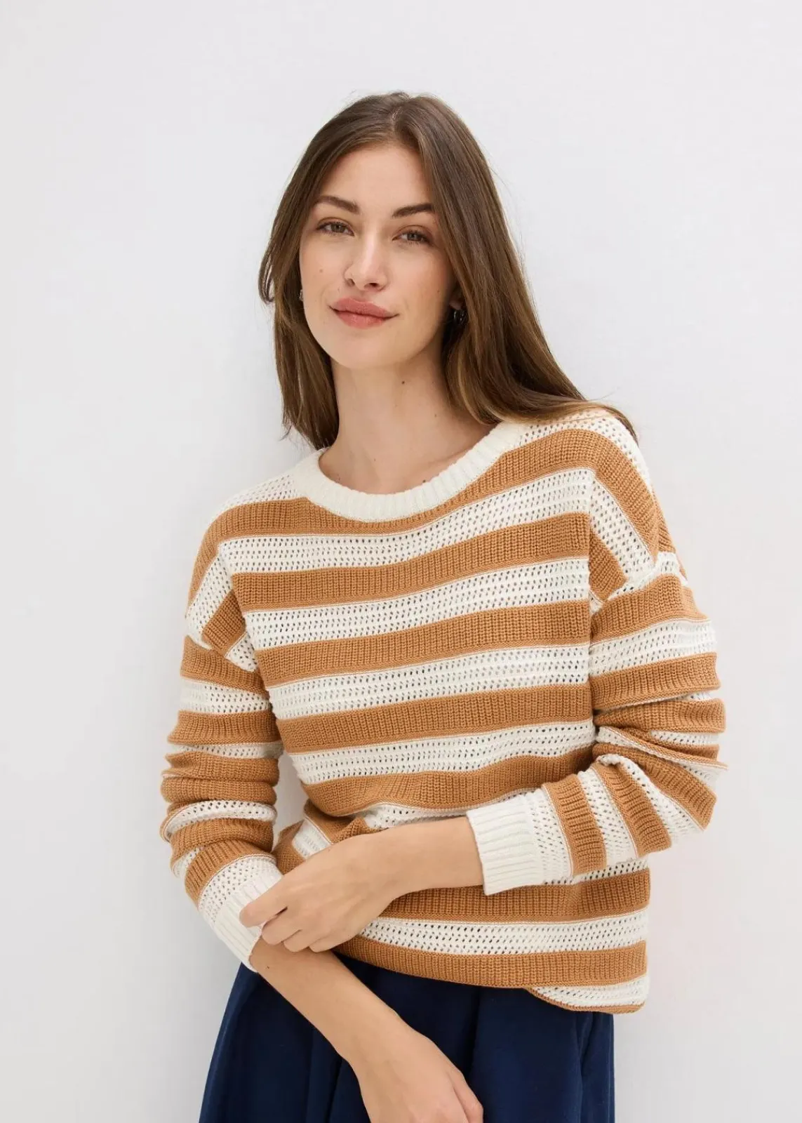 bonprix Bekleidung·Umstandsmode|Bekleidung·Jeans^Oversize-Pullover aus reiner Baumwolle haselnuss/wollweiß gestreift