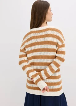 bonprix Bekleidung·Umstandsmode|Bekleidung·Jeans^Oversize-Pullover aus reiner Baumwolle haselnuss/wollweiß gestreift