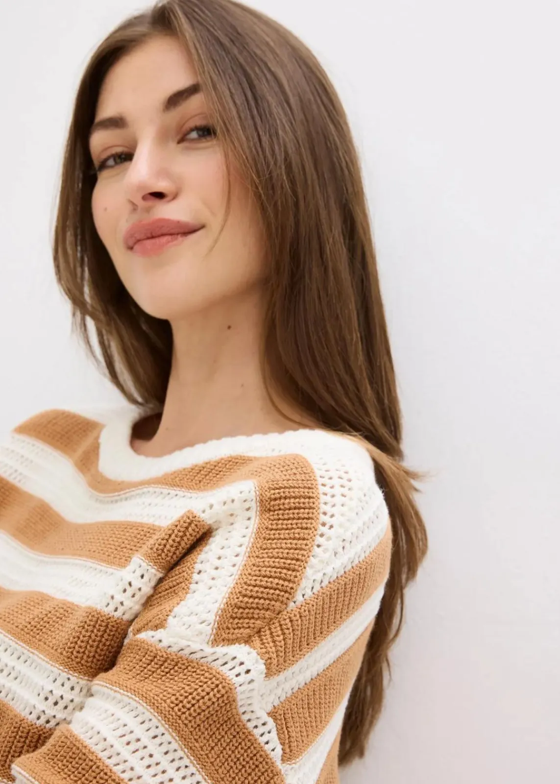 bonprix Bekleidung·Umstandsmode|Bekleidung·Jeans^Oversize-Pullover aus reiner Baumwolle haselnuss/wollweiß gestreift