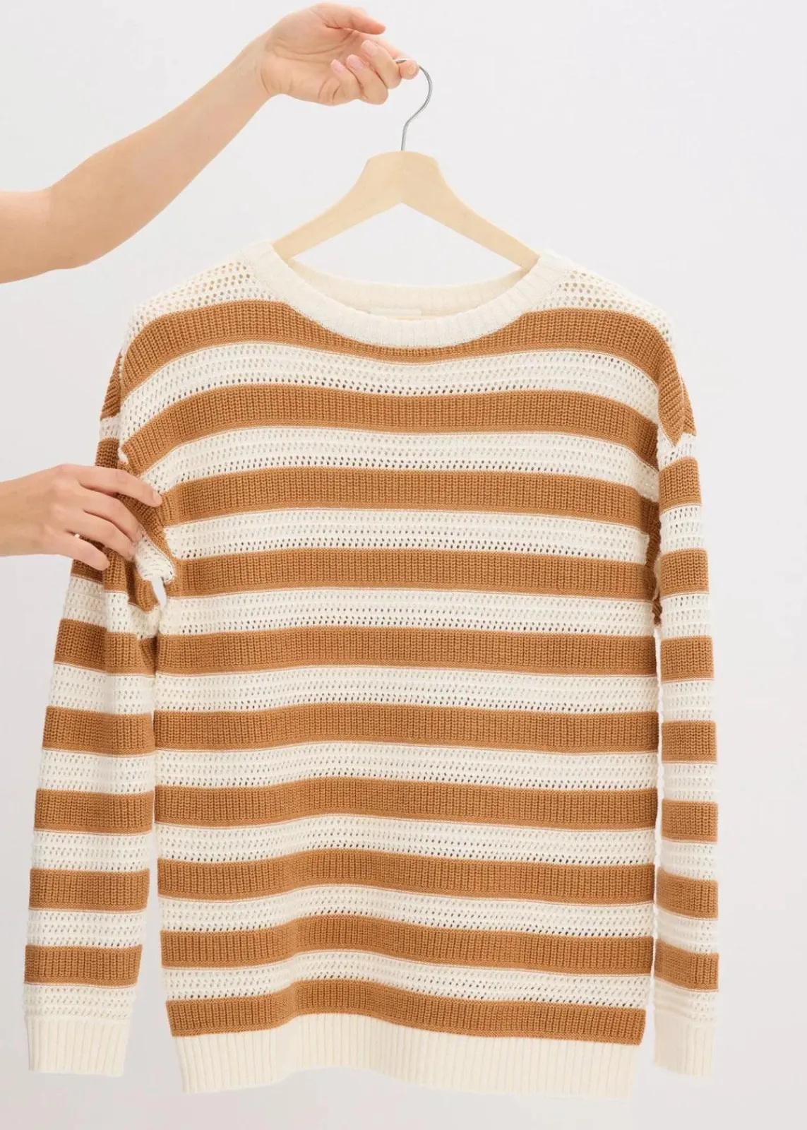 bonprix Bekleidung·Umstandsmode|Bekleidung·Jeans^Oversize-Pullover aus reiner Baumwolle haselnuss/wollweiß gestreift