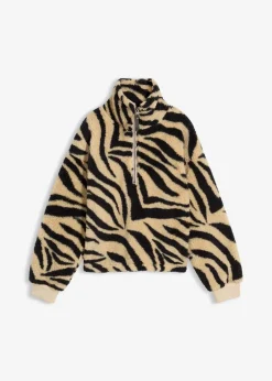 bonprix Bekleidung·Umstandsmode|Bekleidung·Jeans^Oversize-Pullover aus Teddyfleece hellsand/schwarz zebra