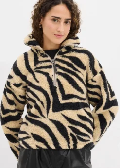 bonprix Bekleidung·Umstandsmode|Bekleidung·Jeans^Oversize-Pullover aus Teddyfleece hellsand/schwarz zebra