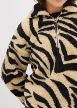 bonprix Bekleidung·Umstandsmode|Bekleidung·Jeans^Oversize-Pullover aus Teddyfleece hellsand/schwarz zebra