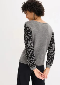 bonprix Bekleidung·Umstandsmode|Bekleidung·Jeans^Oversize-Pullover mit Leo-Muster grau meliert/schwarz leo bedruckt