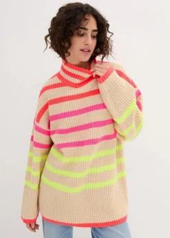 bonprix Bekleidung·Umstandsmode|Bekleidung·Jeans^Oversize-Pullover mit Neonstreifen hellsand/neonorange gestreift