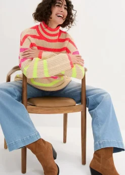 bonprix Bekleidung·Umstandsmode|Bekleidung·Jeans^Oversize-Pullover mit Neonstreifen hellsand/neonorange gestreift