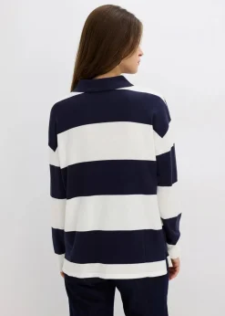 bonprix Strickmode|Pullover & Strickjacken^Oversize-Pullover mit Polokragen dunkelblau/wollweiß gestreift