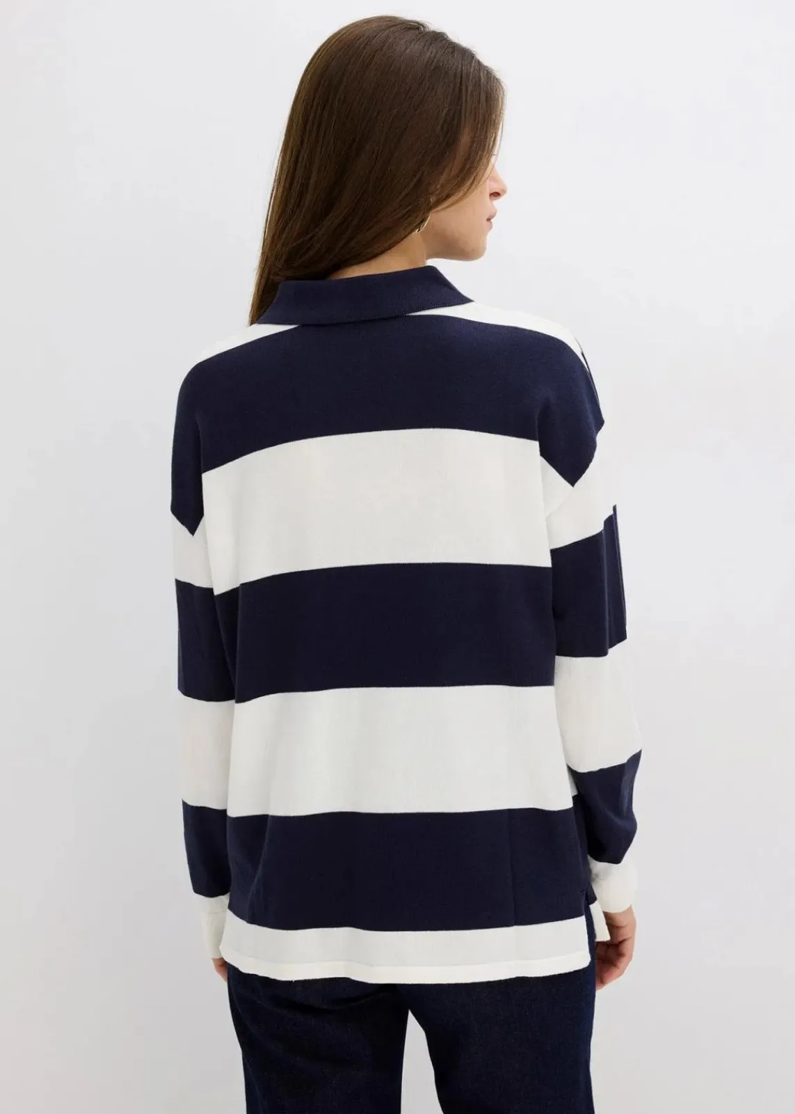 bonprix Strickmode|Pullover & Strickjacken^Oversize-Pullover mit Polokragen dunkelblau/wollweiß gestreift