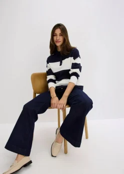 bonprix Strickmode|Pullover & Strickjacken^Oversize-Pullover mit Polokragen dunkelblau/wollweiß gestreift